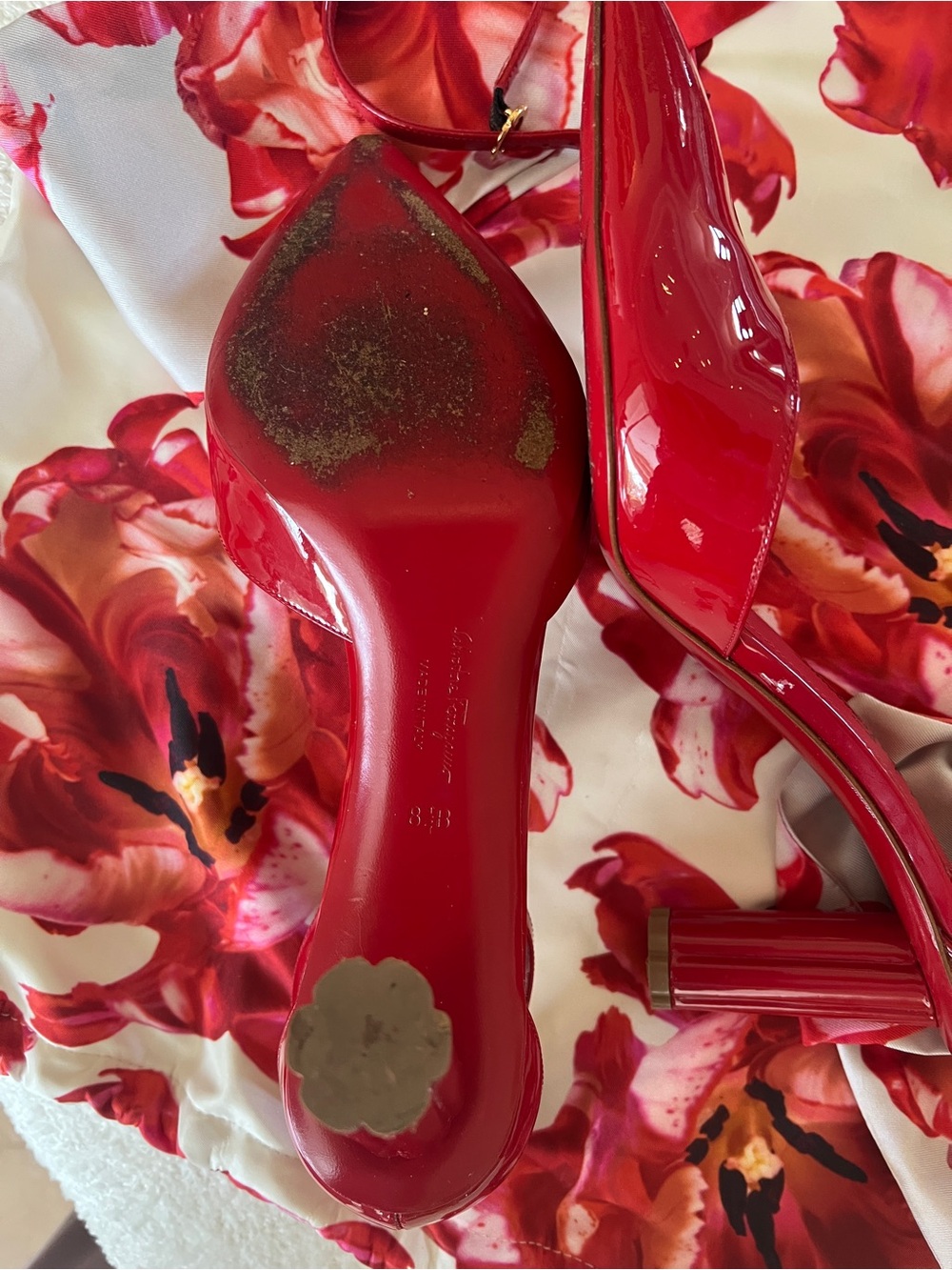 Salvatore Ferragamo Red Patent Pointed-Toe Slingback Pumps with Ankle Tie - Picture 7 of 10
